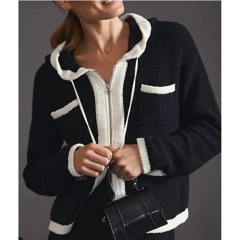 Maeve Anthropologie Black White Contrast Trim Zip Up Hooded Cardigan - Picture 2 of 7